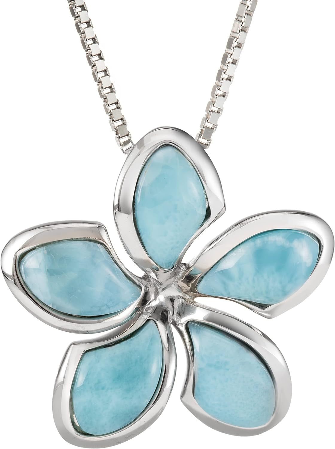 Elegant Silver Natural Larimar Flower Necklace Pendant with 18" Chain