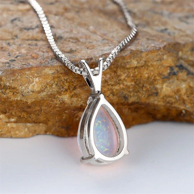 White Opal Stone Pendant | Minimalist Droplet Fire Opal Necklace | Sterling Silver