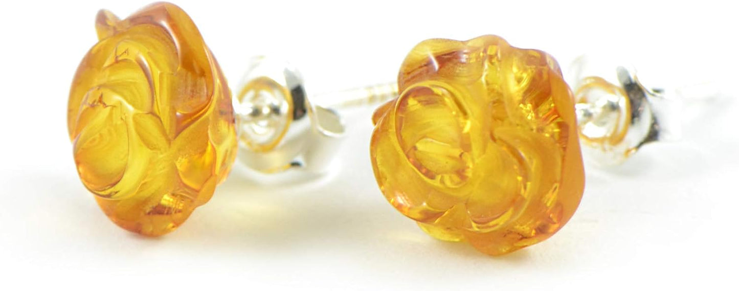 Genuine Baltic Amber Rose Stud Earrings with Sterling Silver – Handcrafted Elegance