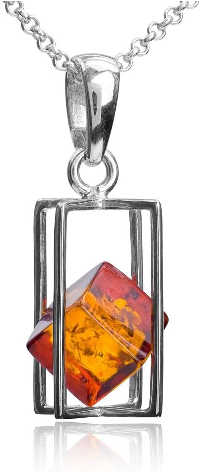 Amber Sterling Silver Pendant Necklace Chain 18 Inch