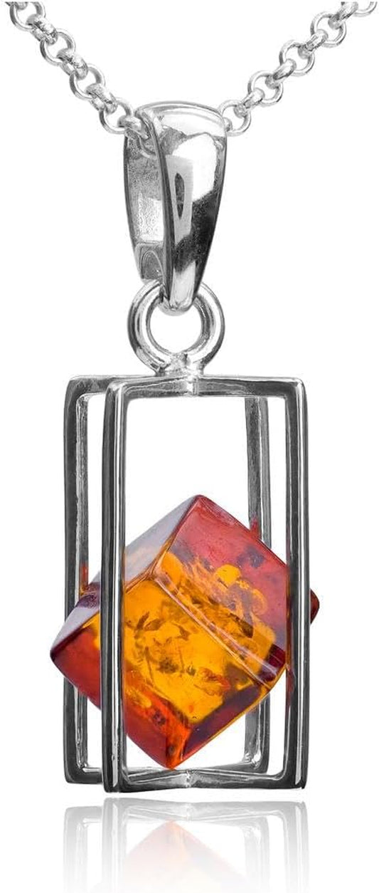 Amber Sterling Silver Pendant Necklace Chain 18 Inch