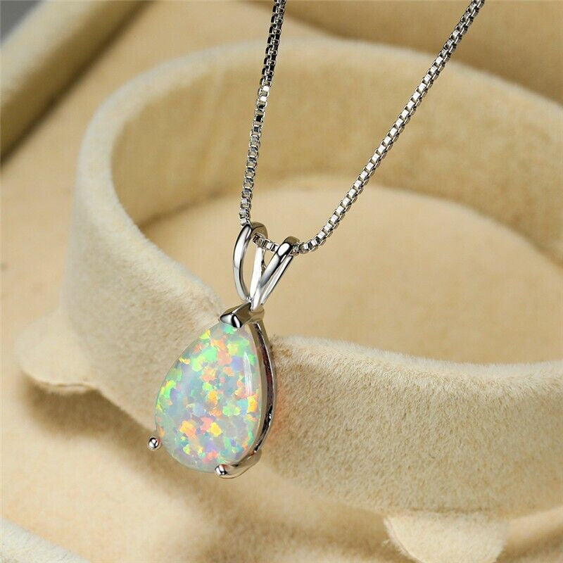 White Opal Stone Pendant | Minimalist Droplet Fire Opal Necklace | Sterling Silver