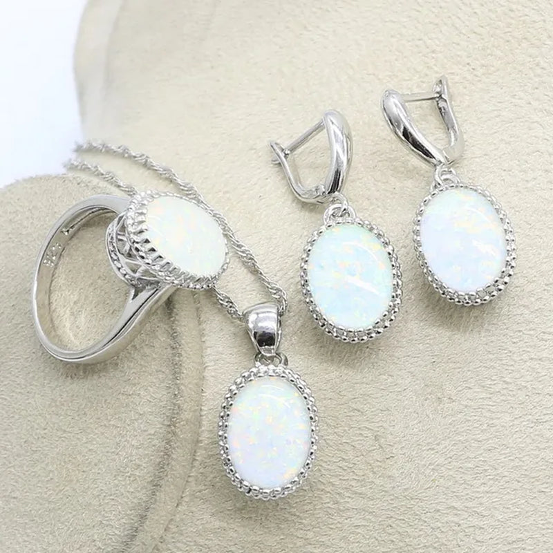 Iridescent Opulence: Opal Silver Jewelry Set - 925 Sterling Silver Ring, Earrings, and Pendant