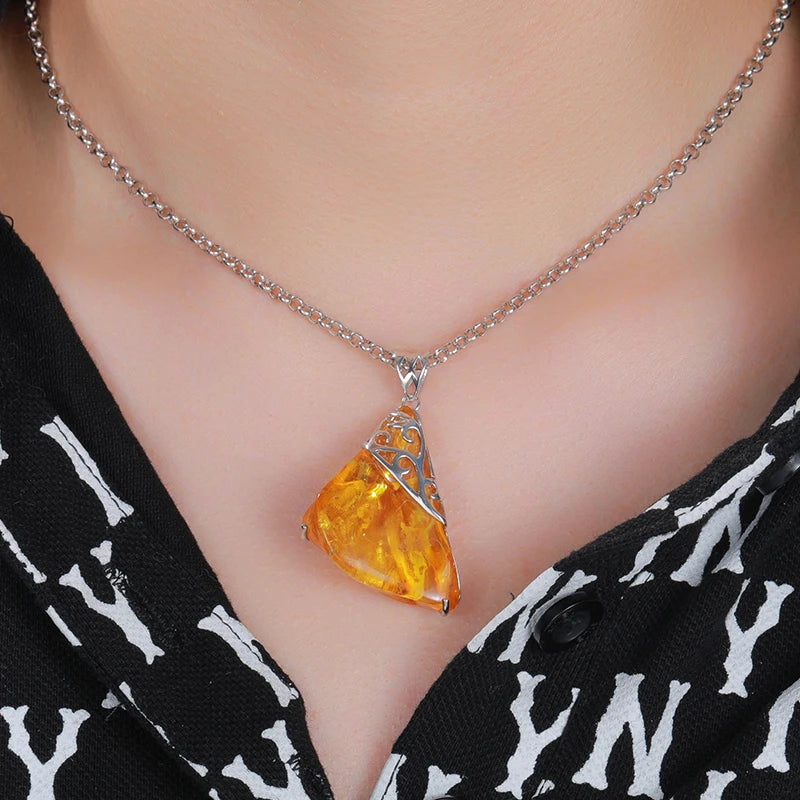 Natural Amber Pendant - 925 Sterling Silver Necklace - Irregular Shape Stone Charm - Original Amulet Gift